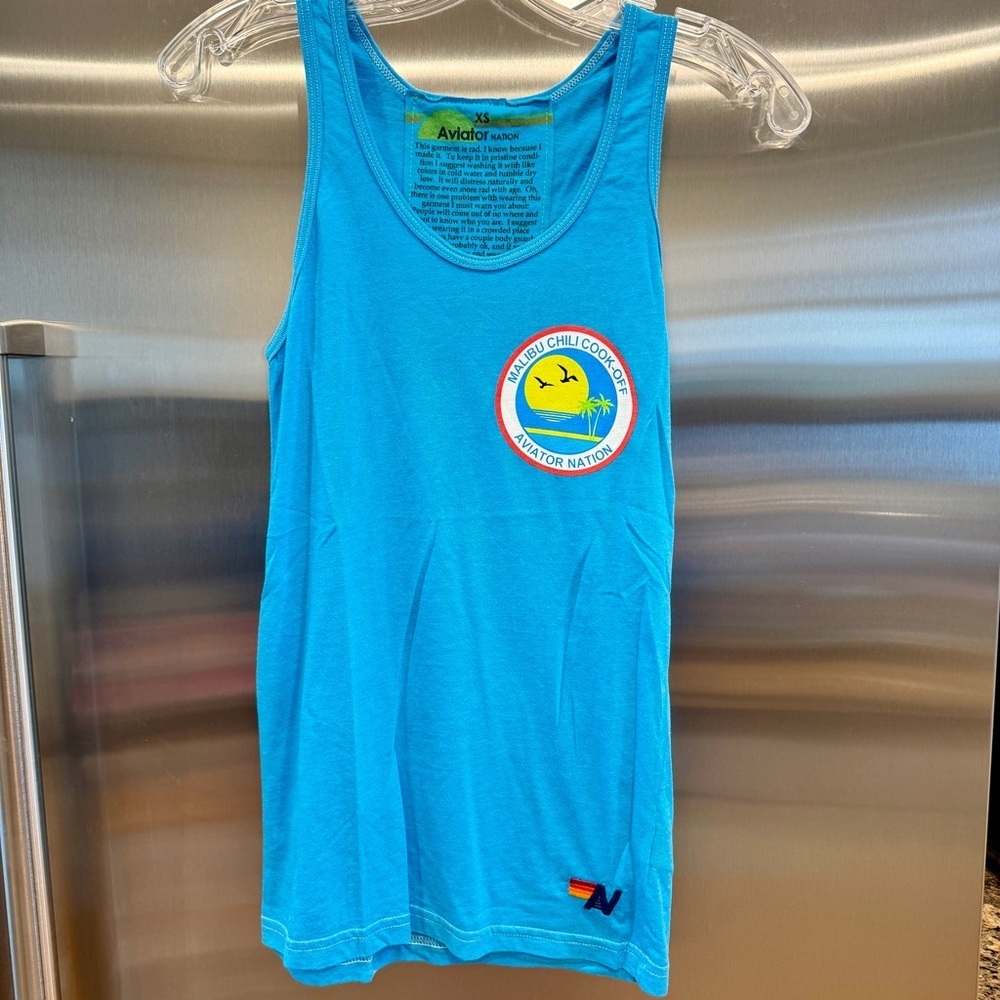 NWT Aviator Nation Malibu Chili Cook Off Blue Tank Top 2023 neon aqua shirt